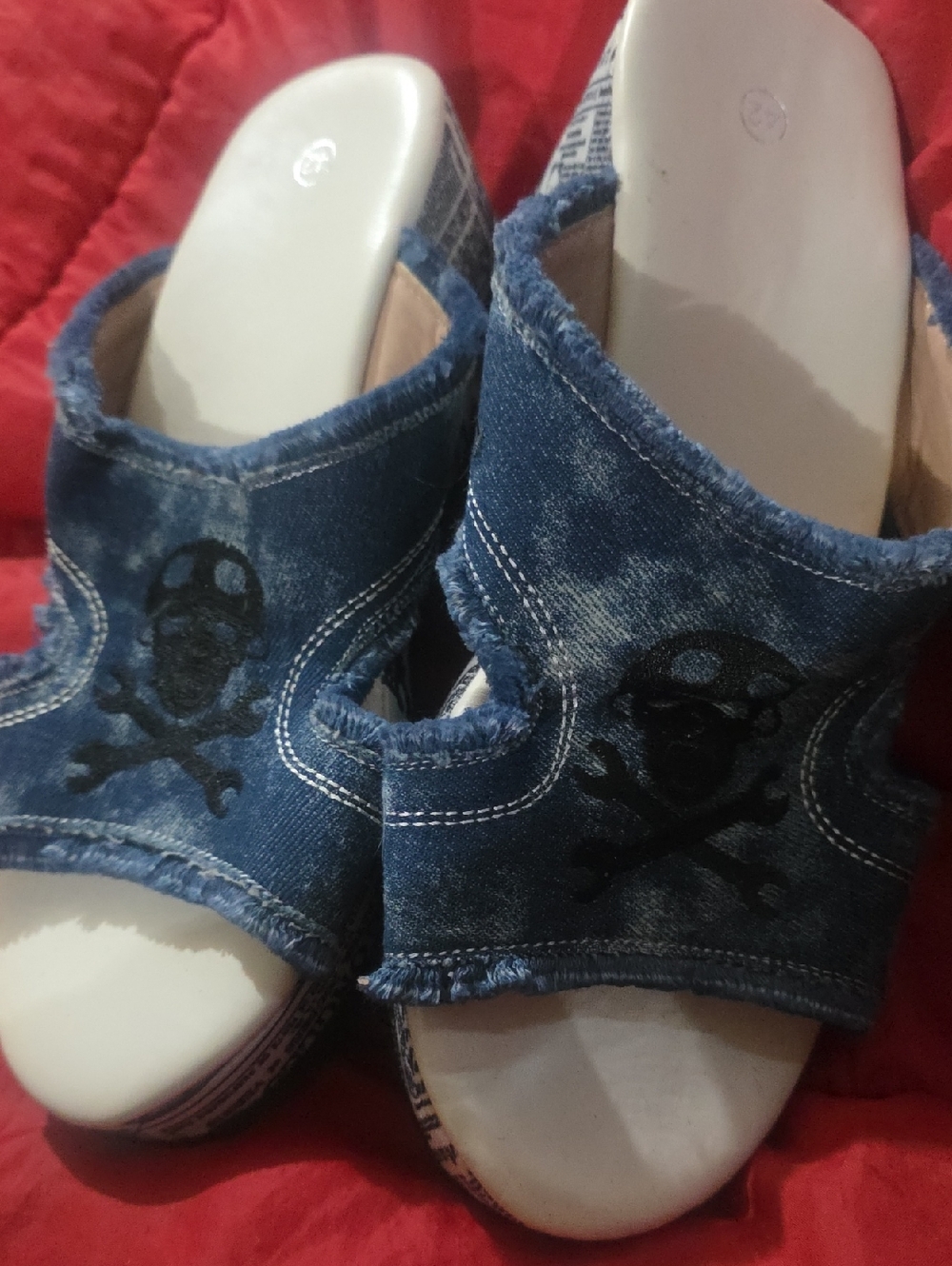 Girls' Denim Slide Sandals with Skull Accent - Blue